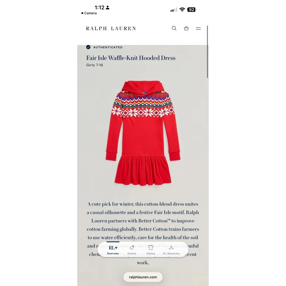 Polo Ralph Lauren Girls Red Fair Isle Snowflake Waffle Knit Hoodie Dress L 12-14